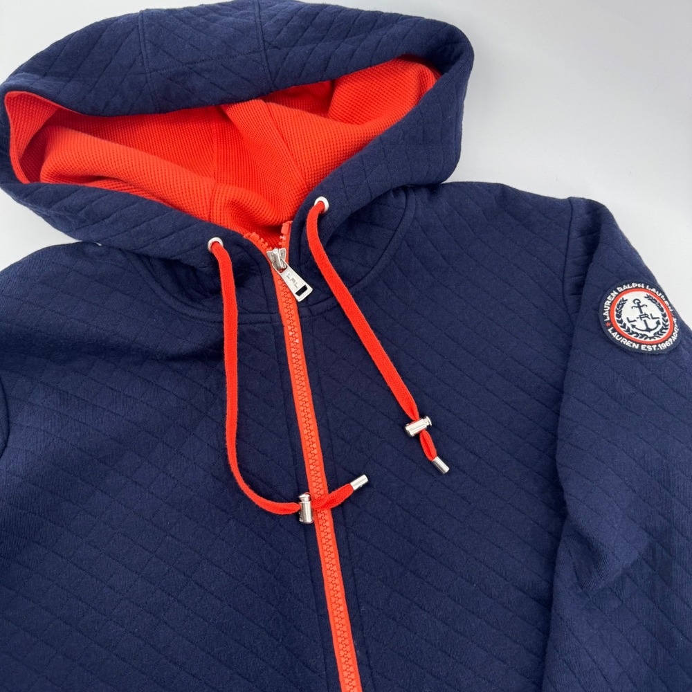Lauren Ralph Lauren Active Hoodie Womens Large Navy Blue Quilted‎ Zip Up Orange